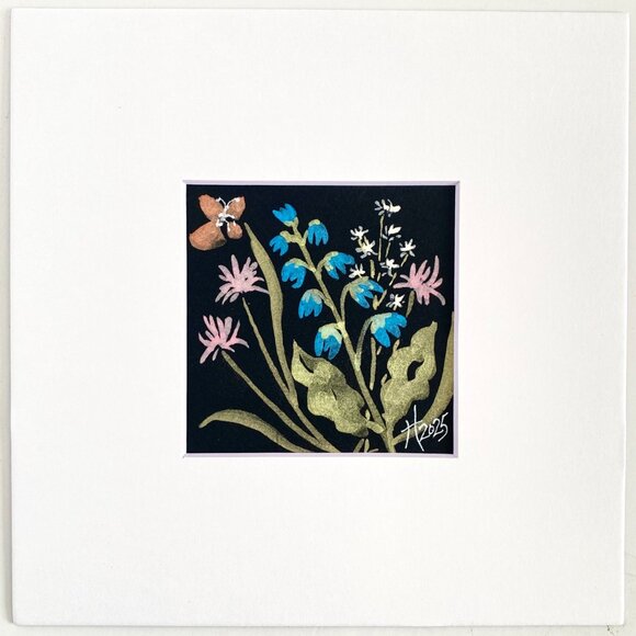 Wild Flowers 4 Original Shimmer Watercolor Painting White Mat 8x8in Frame Ready - Picture 2 of 4